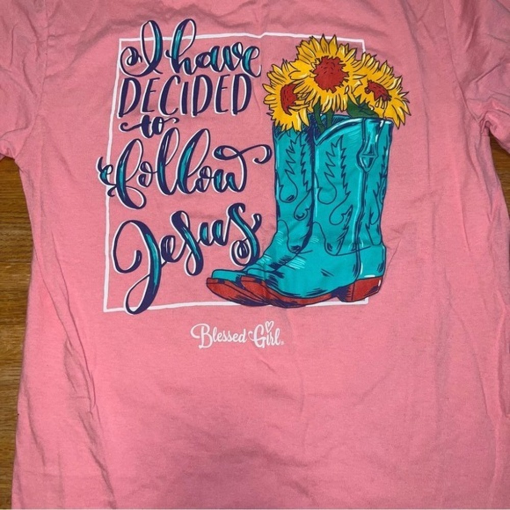 Blessed Girl Small Pink Follow Jesus Cowboy Boots Sunflower Long Sleeve Shirt - Picture 5 of 5